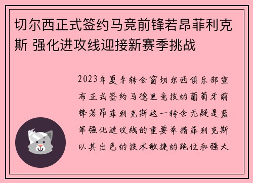 切尔西正式签约马竞前锋若昂菲利克斯 强化进攻线迎接新赛季挑战