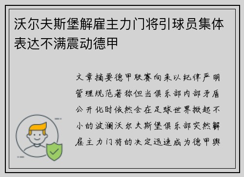 沃尔夫斯堡解雇主力门将引球员集体表达不满震动德甲 沃尔夫斯堡解雇主力门将引球员集体表达不满震动德甲