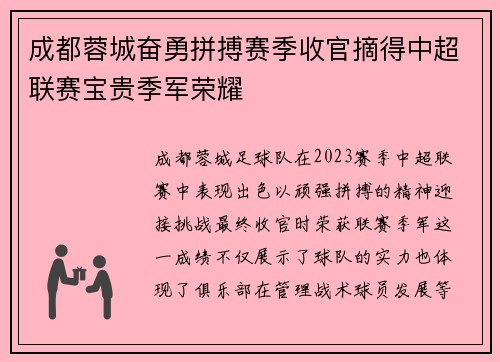 成都蓉城奋勇拼搏赛季收官摘得中超联赛宝贵季军荣耀